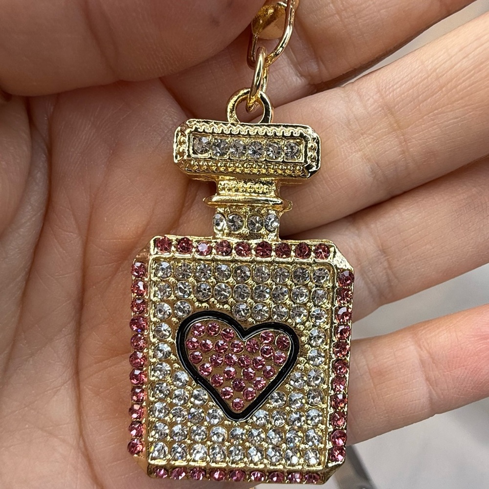 Gold and Pink Heart Perfume Bottle Rhinestone Keychain - Picture 2 of 3
